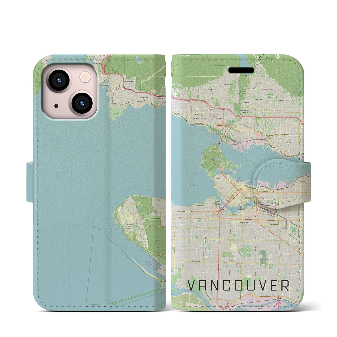 【バンクーバー(カナダ)】地図柄iPhoneケース(手帳タイプ)ナチュラル・iPhone 13 mini 用
