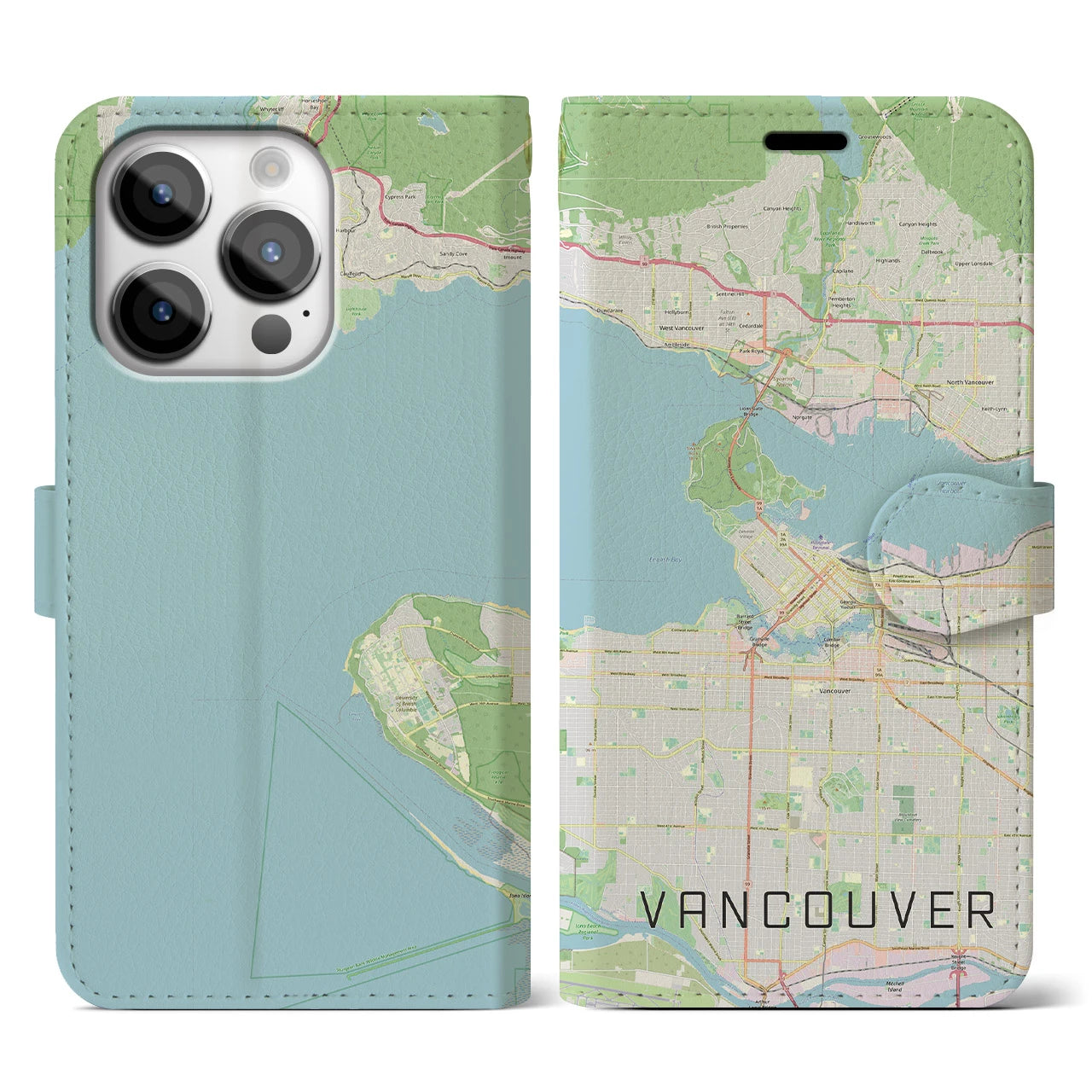 【バンクーバー(カナダ)】地図柄iPhoneケース(手帳タイプ)ナチュラル・iPhone 14 Pro 用