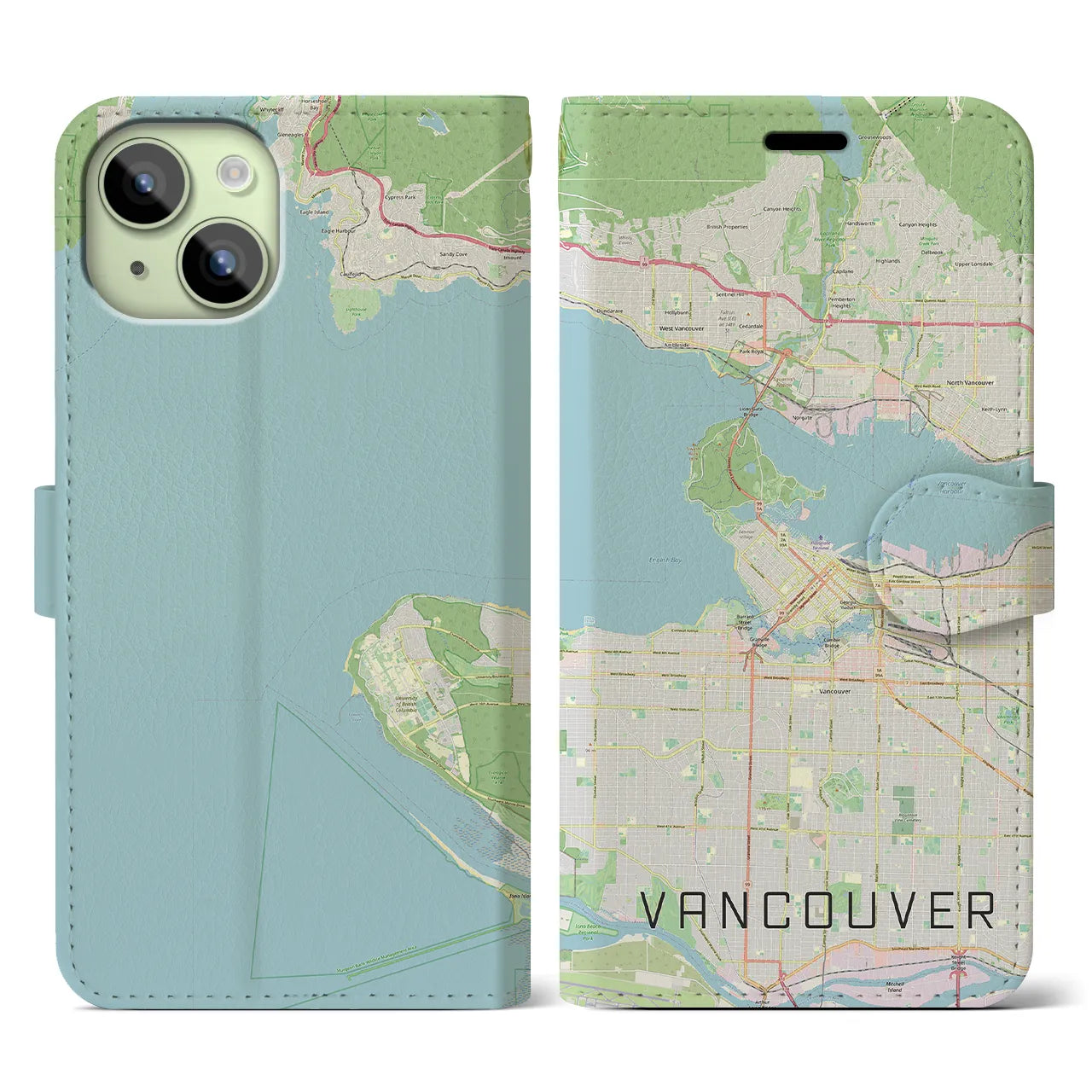 【バンクーバー(カナダ)】地図柄iPhoneケース(手帳タイプ)ナチュラル・iPhone 15 用