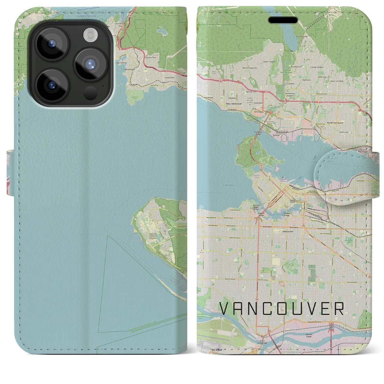 【バンクーバー(カナダ)】地図柄iPhoneケース(手帳タイプ)ナチュラル・iPhone 15 Pro Max 用