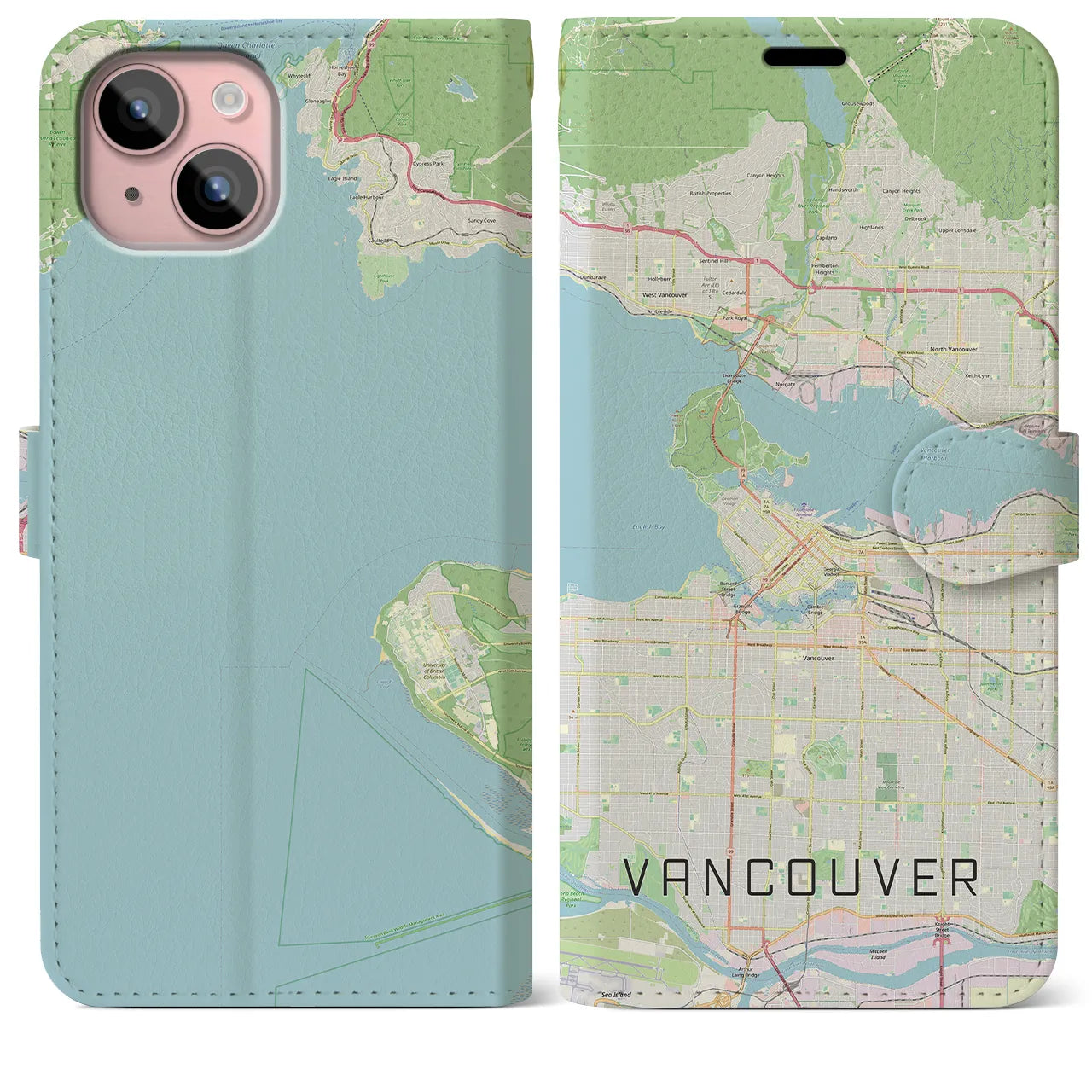 【バンクーバー(カナダ)】地図柄iPhoneケース(手帳タイプ)ナチュラル・iPhone 15 Plus 用