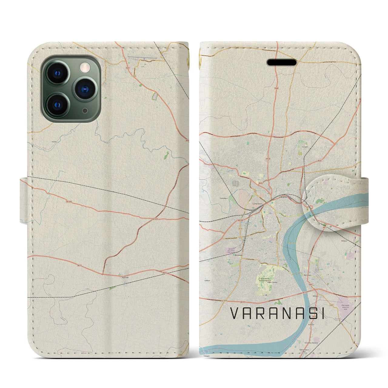 【ヴァーラーナシー(インド)】地図柄iPhoneケース(手帳タイプ)ナチュラル・iPhone 11 Pro 用