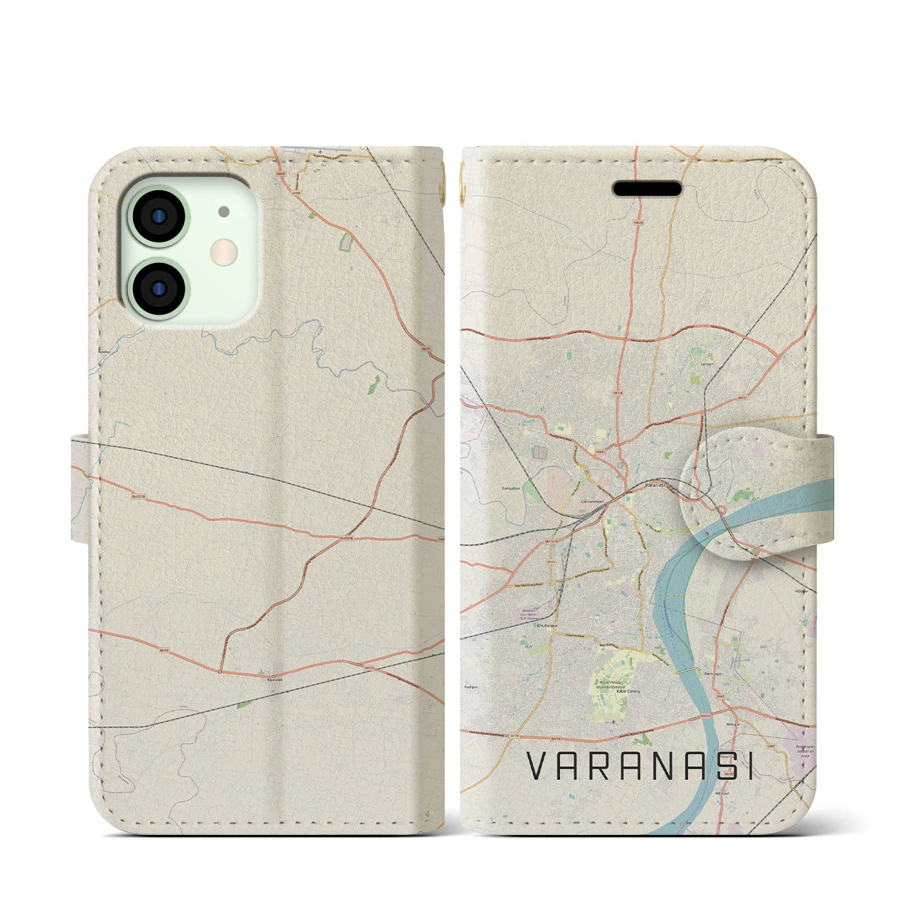 【ヴァーラーナシー(インド)】地図柄iPhoneケース(手帳タイプ)ナチュラル・iPhone 12 mini 用