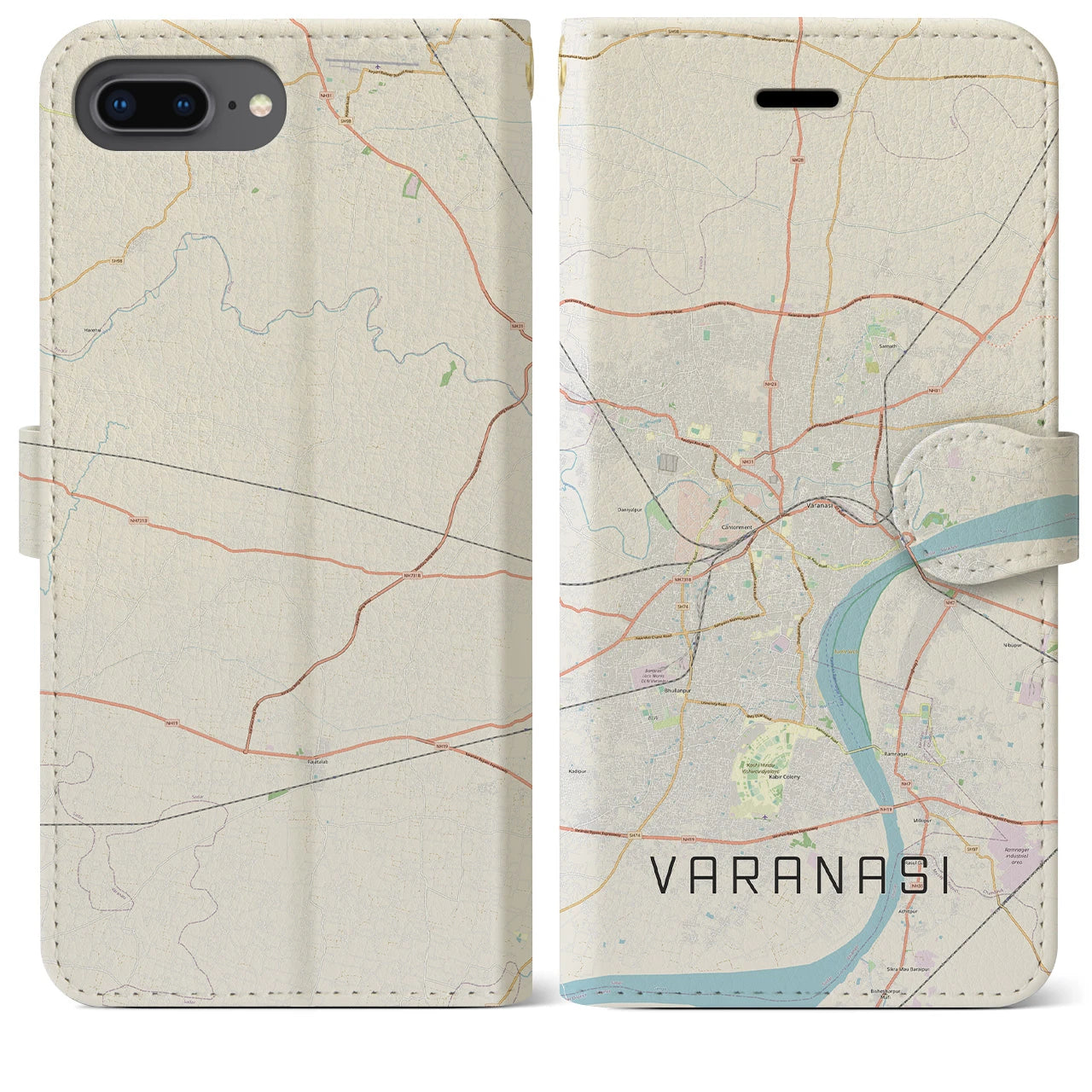 【ヴァーラーナシー(インド)】地図柄iPhoneケース(手帳タイプ)ナチュラル・iPhone 8Plus /7Plus / 6sPlus / 6Plus 用