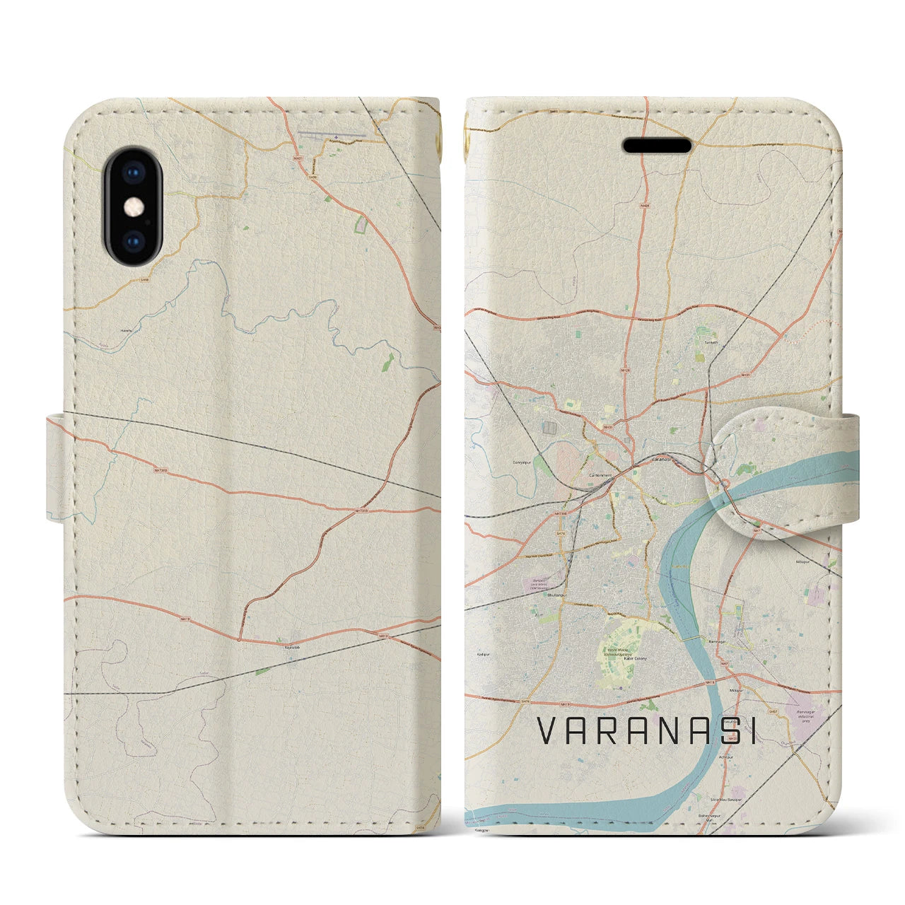 【ヴァーラーナシー(インド)】地図柄iPhoneケース(手帳タイプ)ナチュラル・iPhone XS / X 用