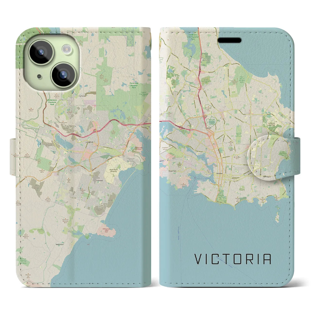 【ビクトリア(カナダ)】地図柄iPhoneケース(手帳タイプ)ナチュラル・iPhone 15 用