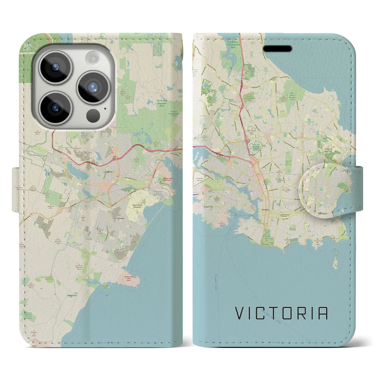 【ビクトリア(カナダ)】地図柄iPhoneケース(手帳タイプ)ナチュラル・iPhone 15 Pro 用