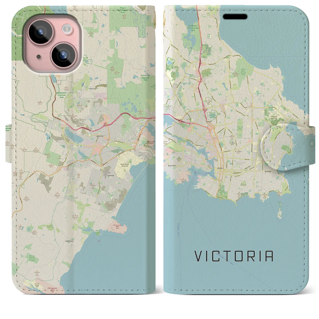【ビクトリア(カナダ)】地図柄iPhoneケース(手帳タイプ)ナチュラル・iPhone 15 Plus 用