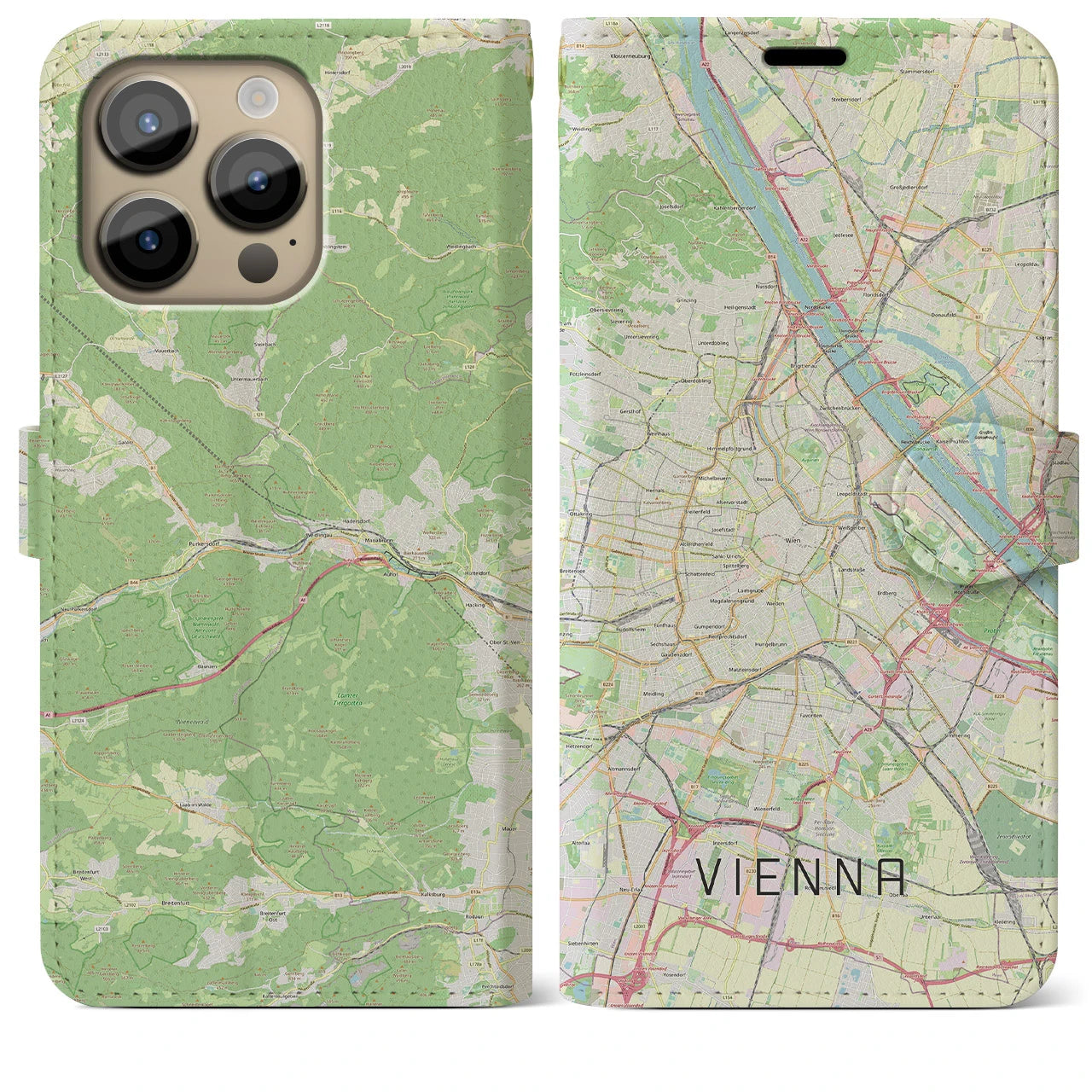 【ウィーン(オーストリア)】地図柄iPhoneケース(手帳タイプ)ナチュラル・iPhone 14 Pro Max 用