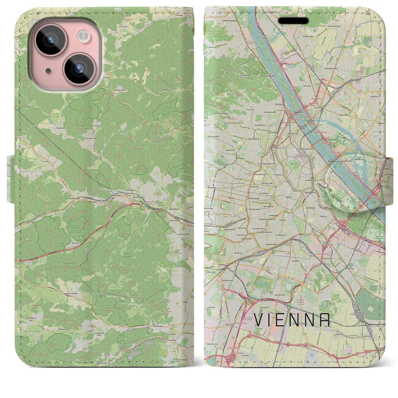 【ウィーン(オーストリア)】地図柄iPhoneケース(手帳タイプ)ナチュラル・iPhone 15 Plus 用