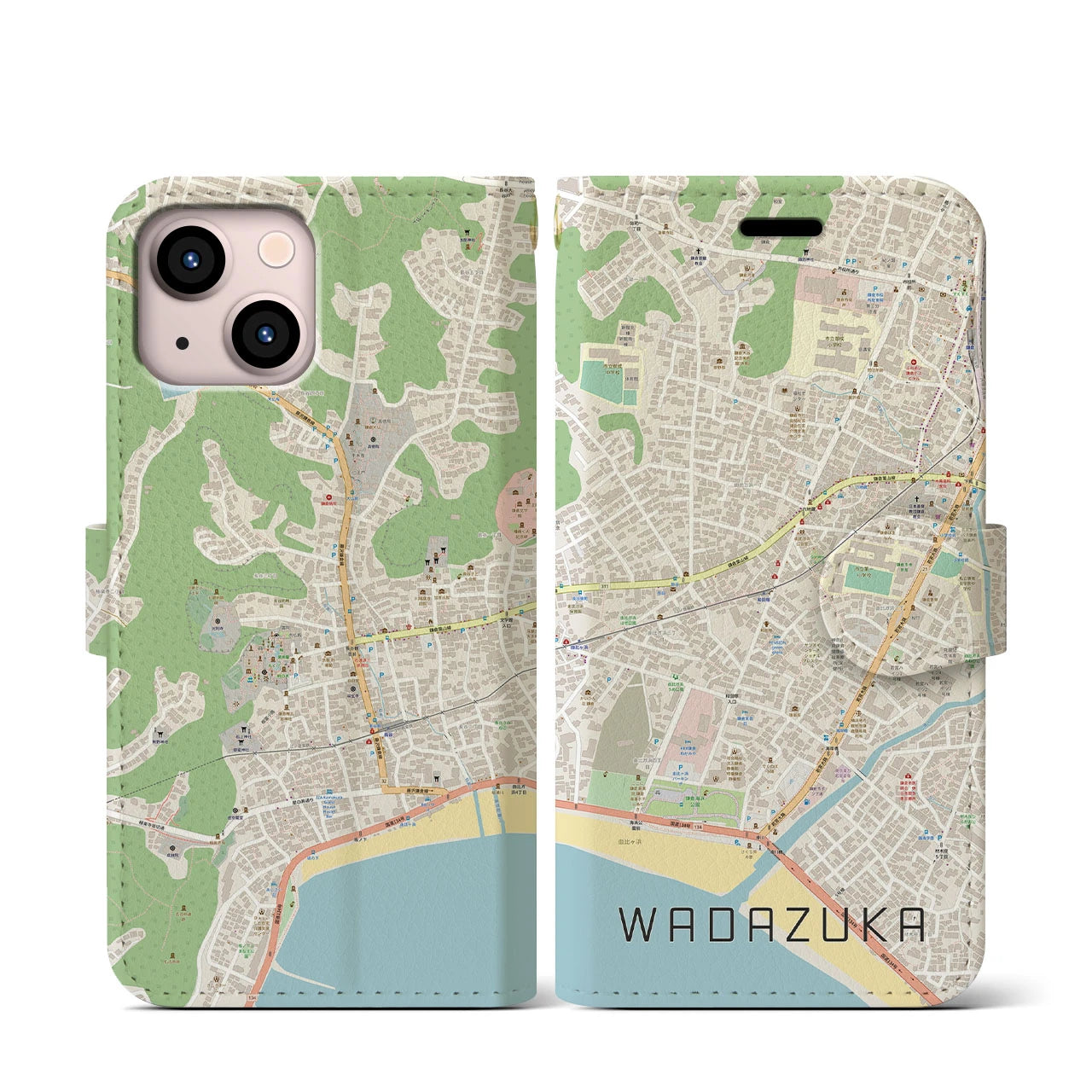 【和田塚(神奈川県)】地図柄iPhoneケース(手帳タイプ)ナチュラル・iPhone 13 mini 用
