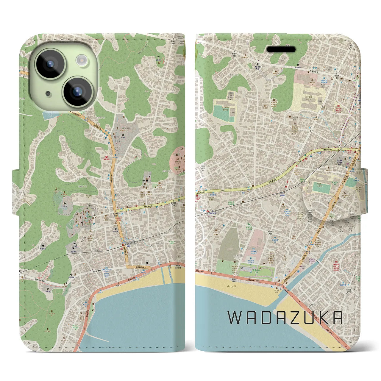 【和田塚(神奈川県)】地図柄iPhoneケース(手帳タイプ)ナチュラル・iPhone 15 用