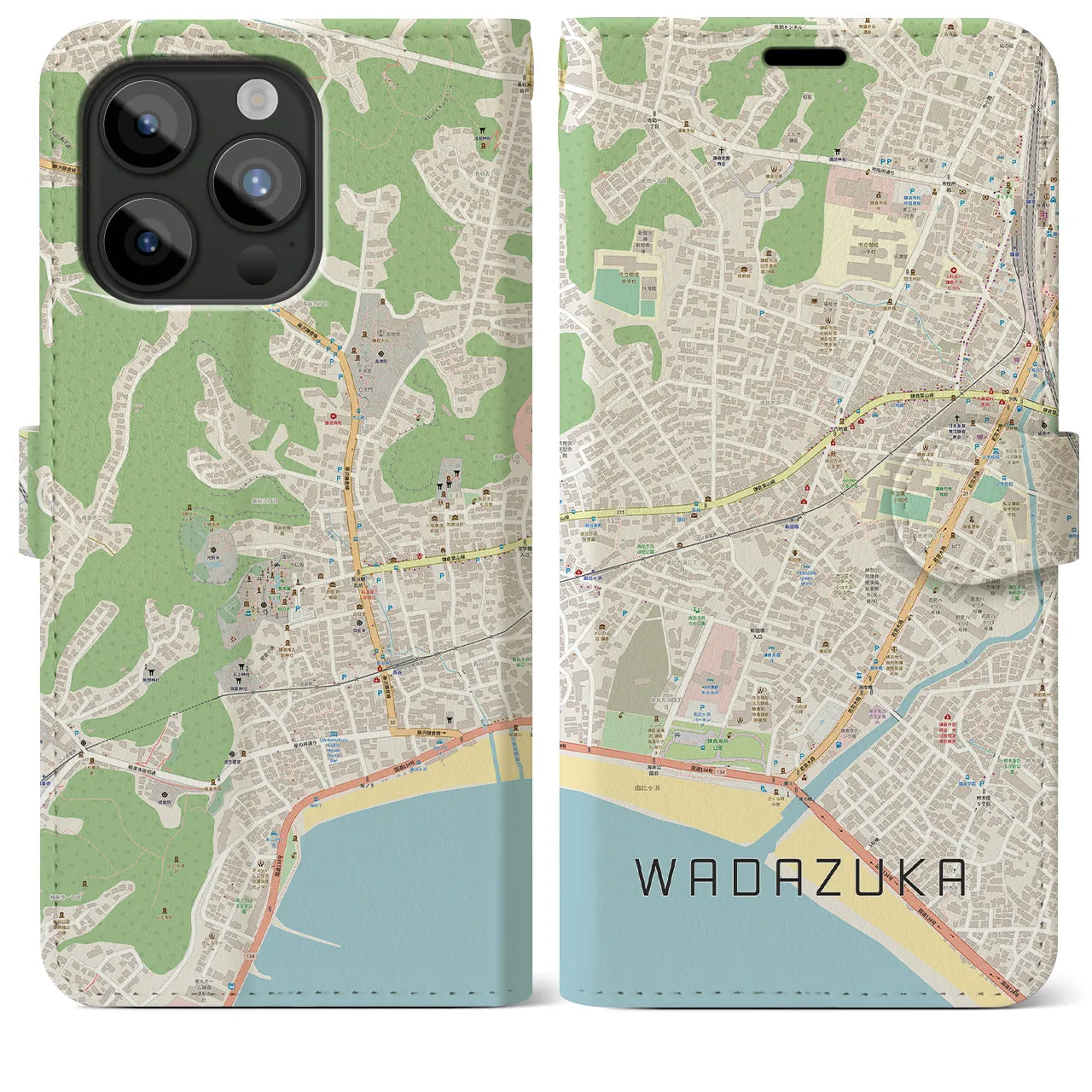 【和田塚(神奈川県)】地図柄iPhoneケース(手帳タイプ)ナチュラル・iPhone 15 Pro Max 用