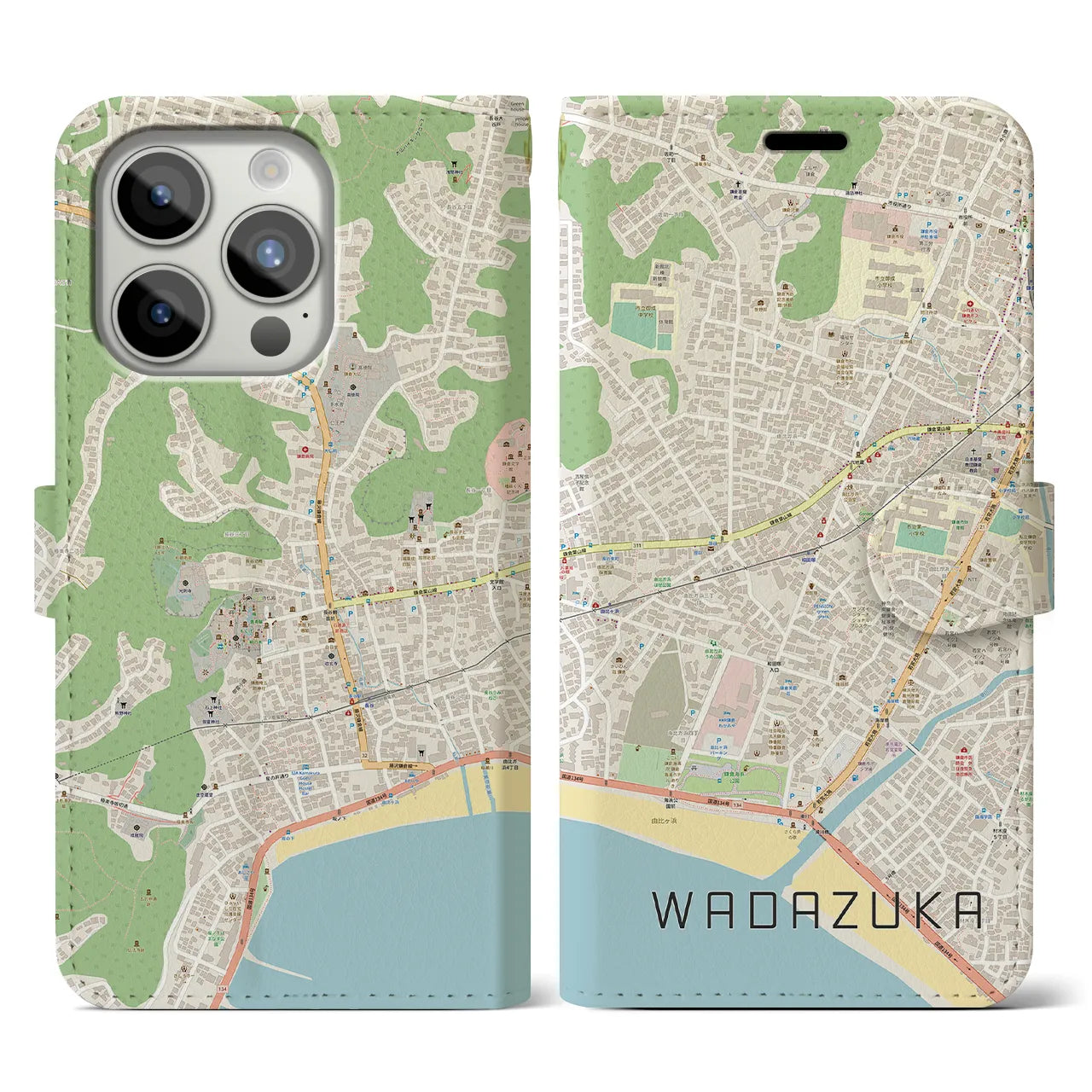 【和田塚(神奈川県)】地図柄iPhoneケース(手帳タイプ)ナチュラル・iPhone 15 Pro 用