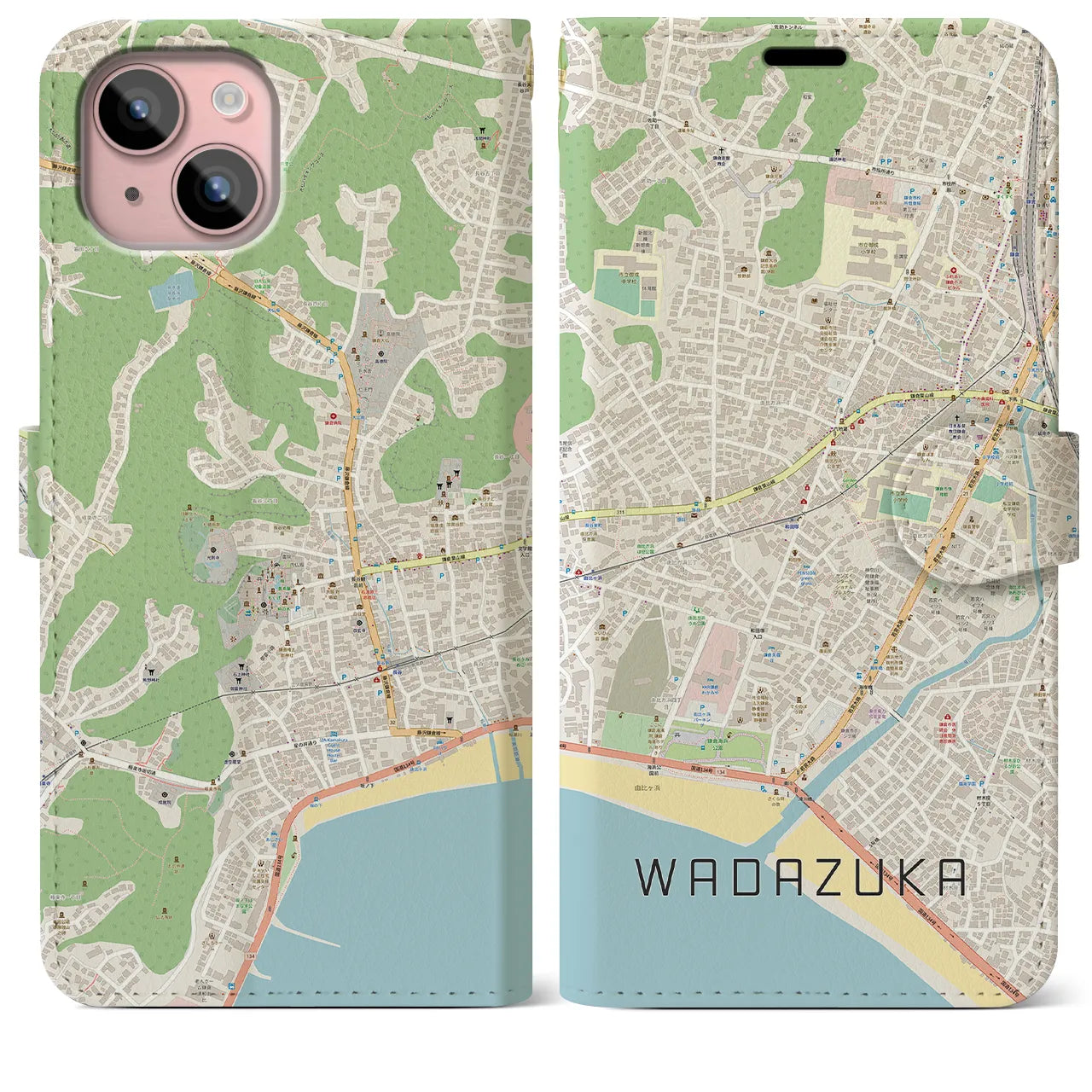 【和田塚(神奈川県)】地図柄iPhoneケース(手帳タイプ)ナチュラル・iPhone 15 Plus 用