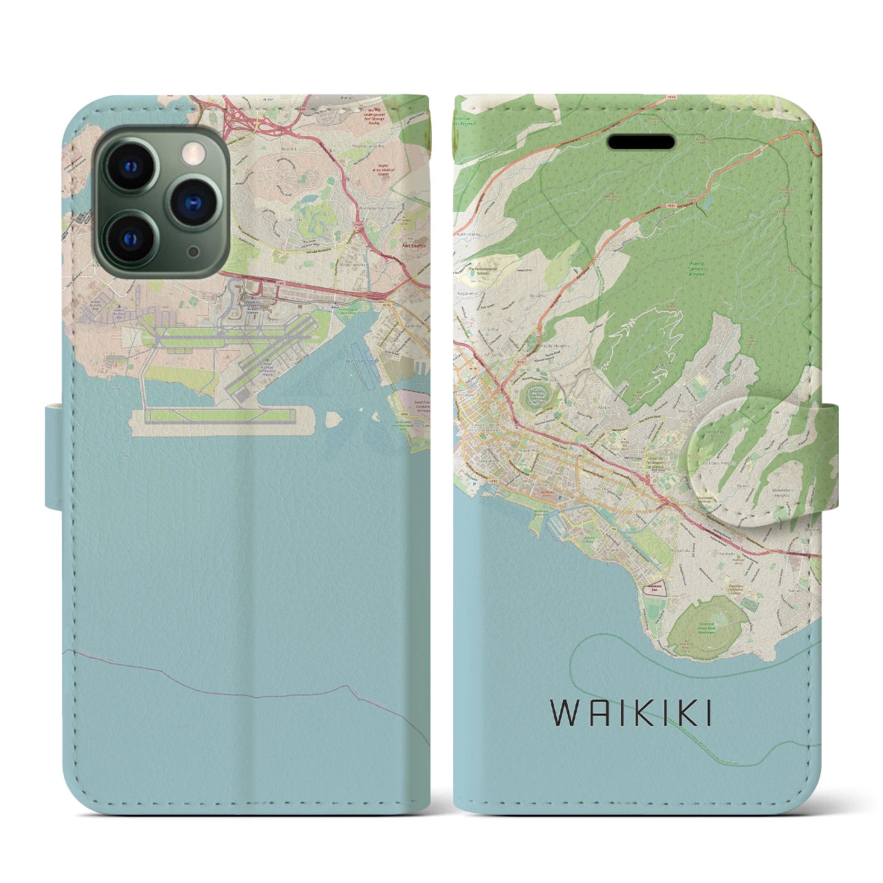 【ワイキキ2(アメリカ)】地図柄iPhoneケース(手帳タイプ)ナチュラル・iPhone 11 Pro 用