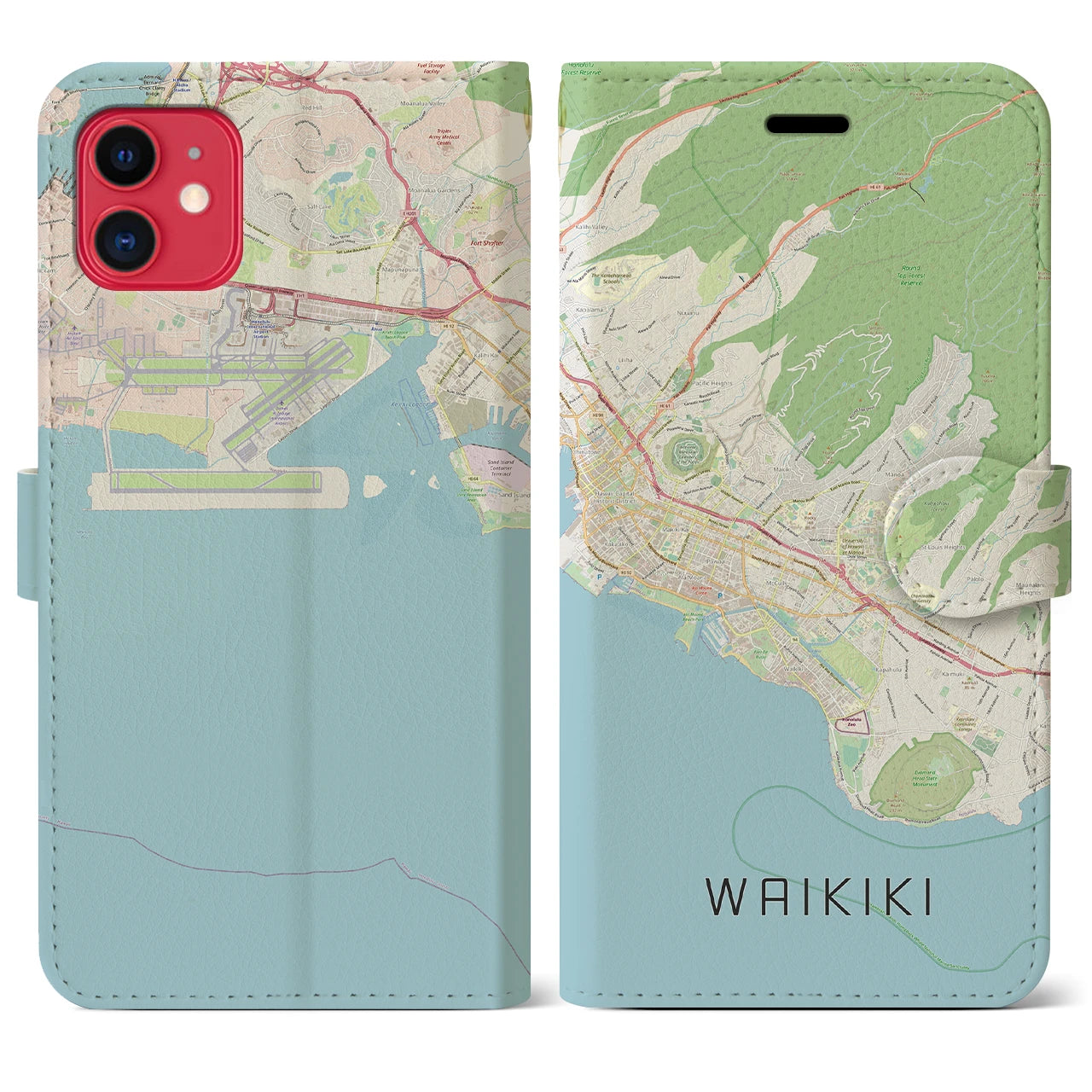 【ワイキキ2(アメリカ)】地図柄iPhoneケース(手帳タイプ)ナチュラル・iPhone 11 用