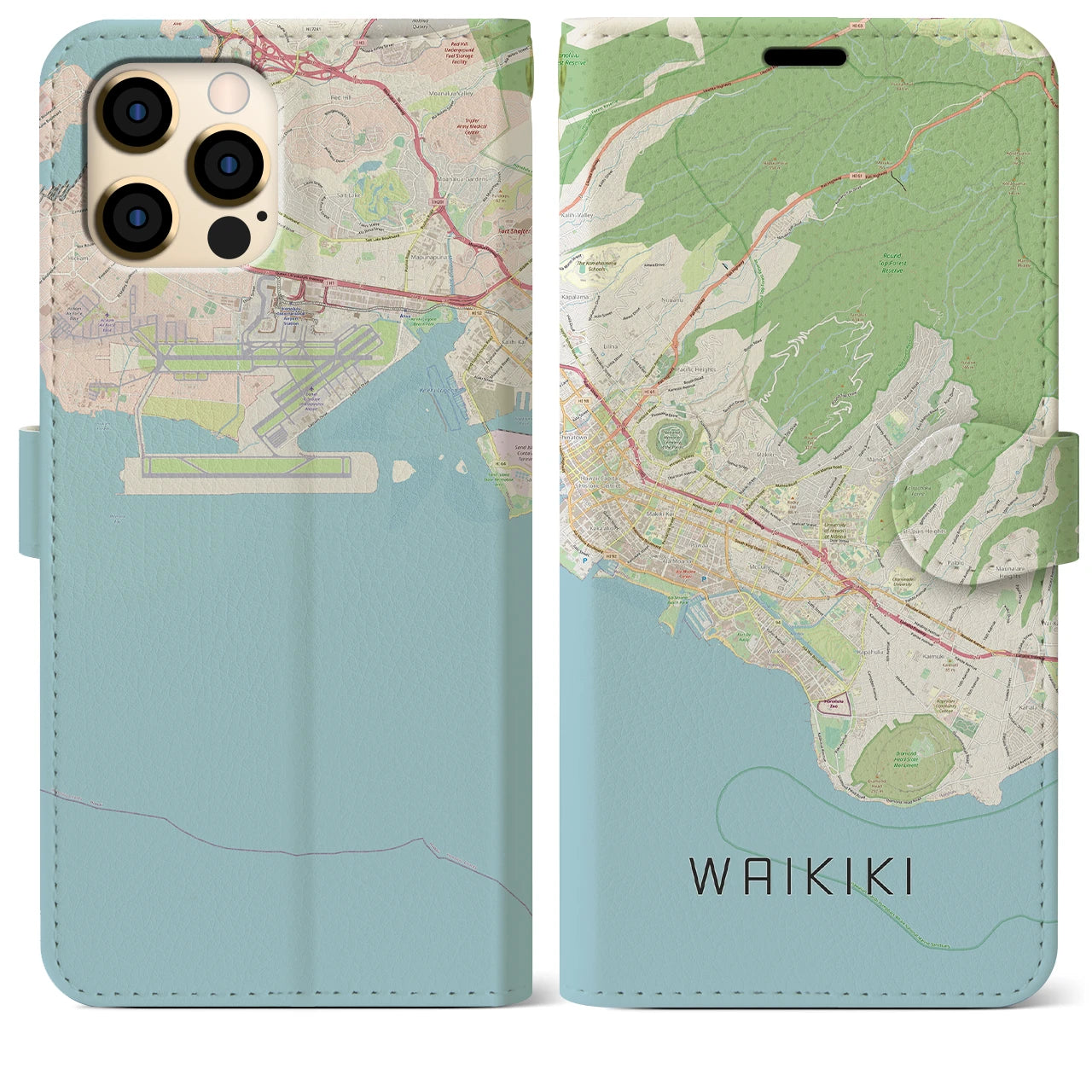 【ワイキキ2(アメリカ)】地図柄iPhoneケース(手帳タイプ)ナチュラル・iPhone 12 Pro Max 用