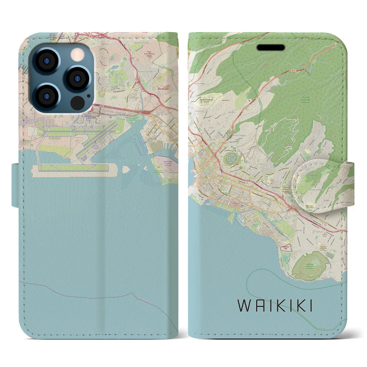 【ワイキキ2(アメリカ)】地図柄iPhoneケース(手帳タイプ)ナチュラル・iPhone 12 / 12 Pro 用