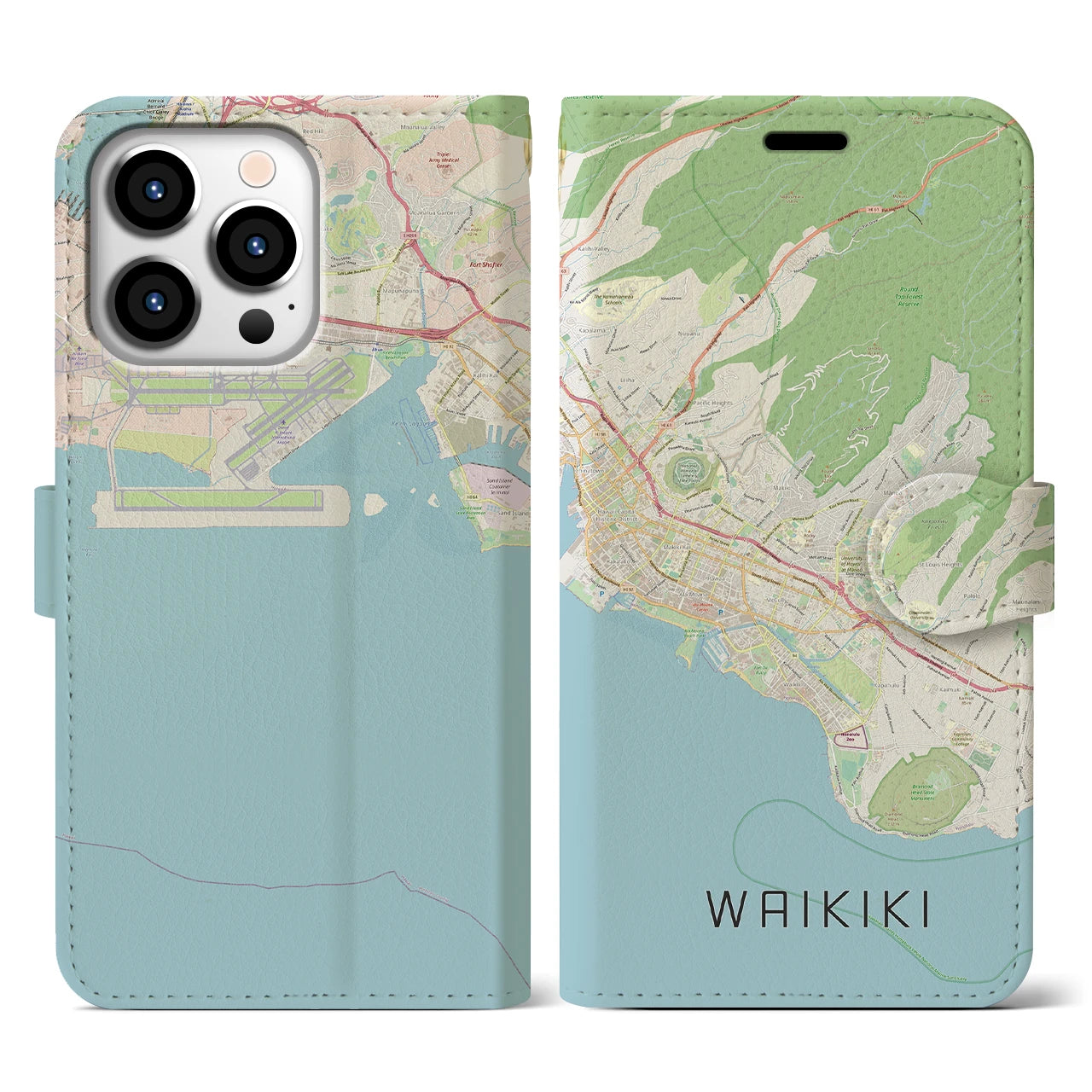 【ワイキキ2(アメリカ)】地図柄iPhoneケース(手帳タイプ)ナチュラル・iPhone 13 Pro 用