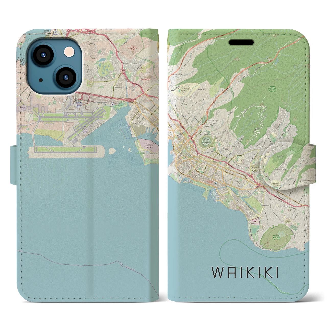 【ワイキキ2(アメリカ)】地図柄iPhoneケース(手帳タイプ)ナチュラル・iPhone 13 用