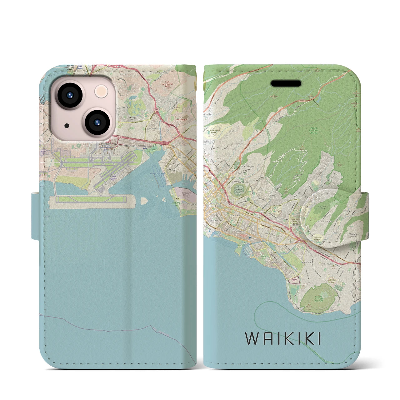【ワイキキ2(アメリカ)】地図柄iPhoneケース(手帳タイプ)ナチュラル・iPhone 13 mini 用