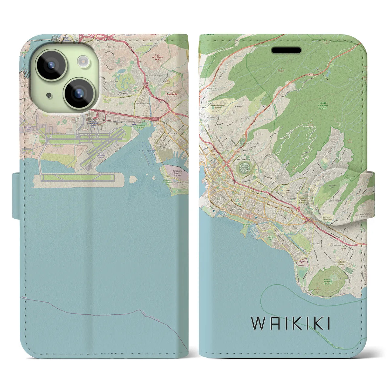 【ワイキキ2(アメリカ)】地図柄iPhoneケース(手帳タイプ)ナチュラル・iPhone 15 用
