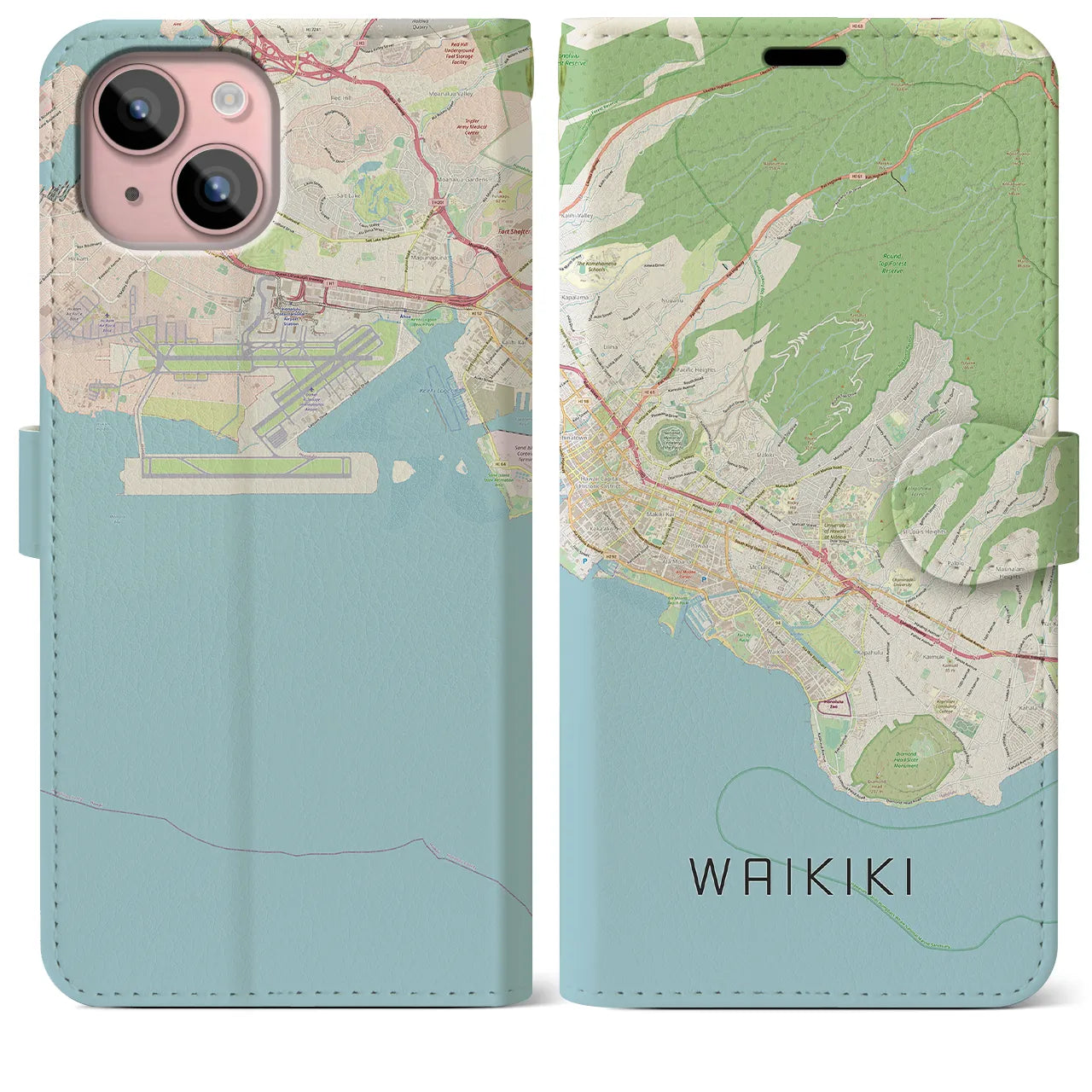 【ワイキキ2(アメリカ)】地図柄iPhoneケース(手帳タイプ)ナチュラル・iPhone 15 Plus 用