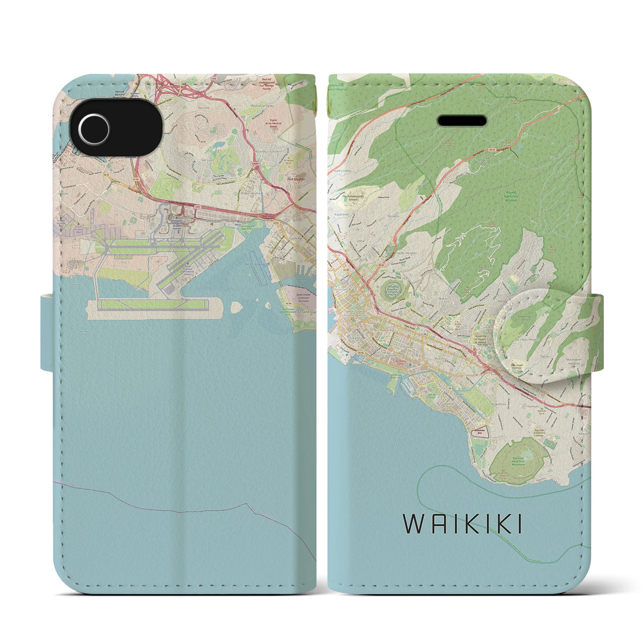 【ワイキキ2(アメリカ)】地図柄iPhoneケース(手帳タイプ)ナチュラル・iPhone SE(第3 / 第2世代) / 8 / 7 / 6s / 6 用