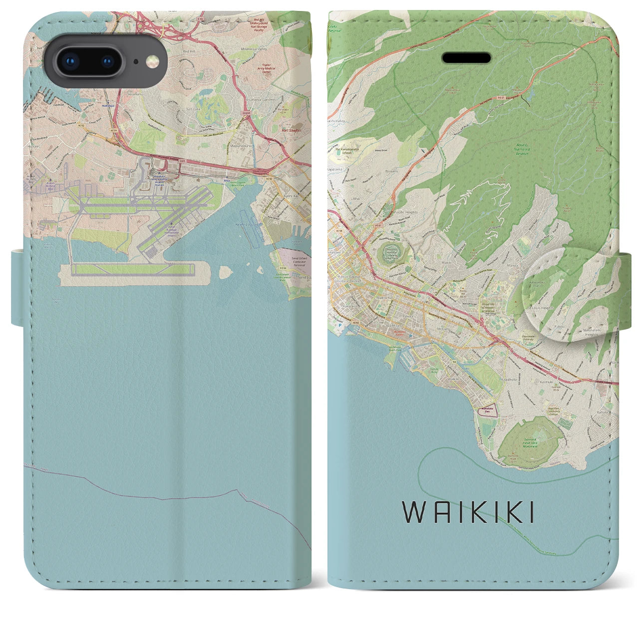 【ワイキキ2(アメリカ)】地図柄iPhoneケース(手帳タイプ)ナチュラル・iPhone 8Plus /7Plus / 6sPlus / 6Plus 用
