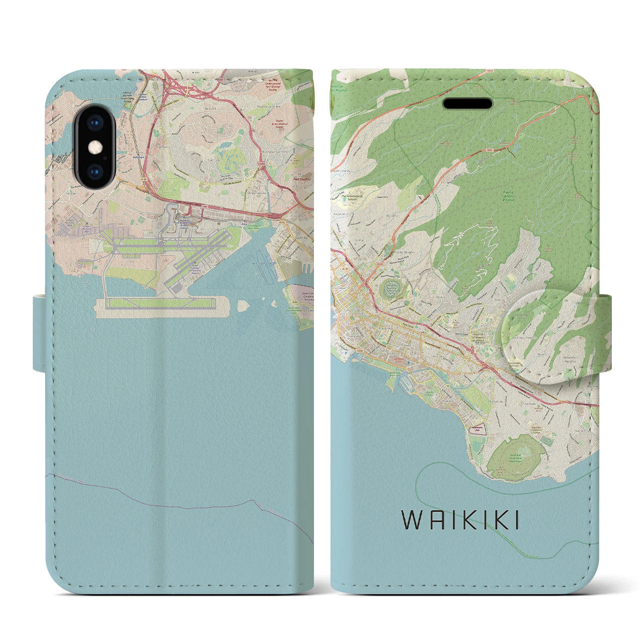 【ワイキキ2(アメリカ)】地図柄iPhoneケース(手帳タイプ)ナチュラル・iPhone XS / X 用