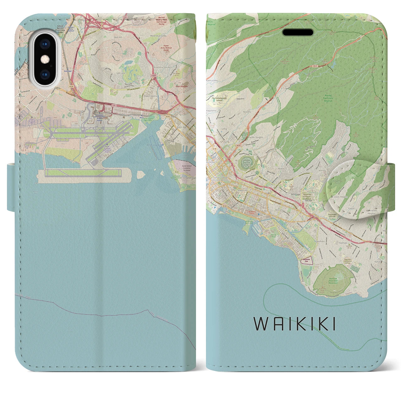 【ワイキキ2(アメリカ)】地図柄iPhoneケース(手帳タイプ)ナチュラル・iPhone XS Max 用