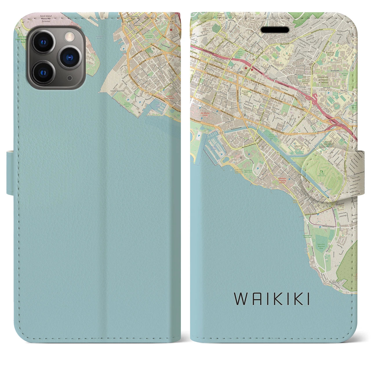 【ワイキキ(アメリカ)】地図柄iPhoneケース(手帳タイプ)ナチュラル・iPhone 11 Pro Max 用