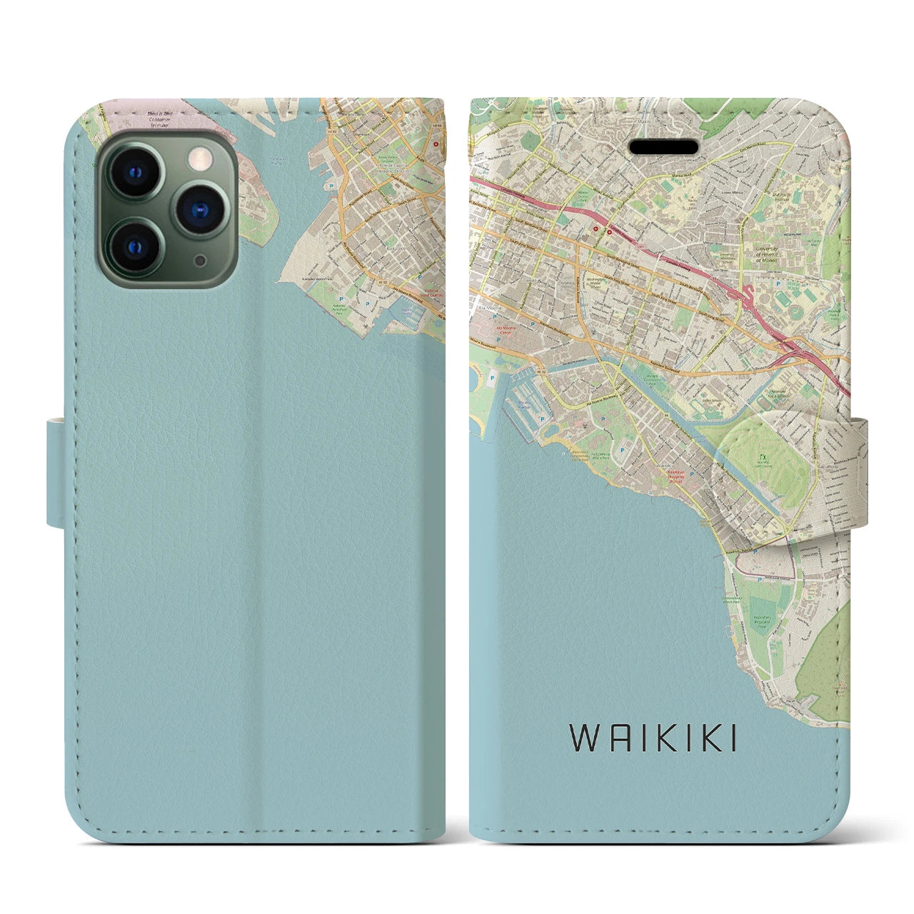 【ワイキキ(アメリカ)】地図柄iPhoneケース(手帳タイプ)ナチュラル・iPhone 11 Pro 用