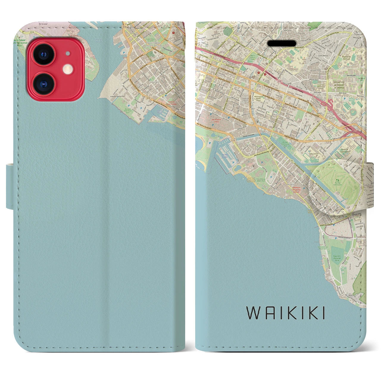 【ワイキキ(アメリカ)】地図柄iPhoneケース(手帳タイプ)ナチュラル・iPhone 11 用
