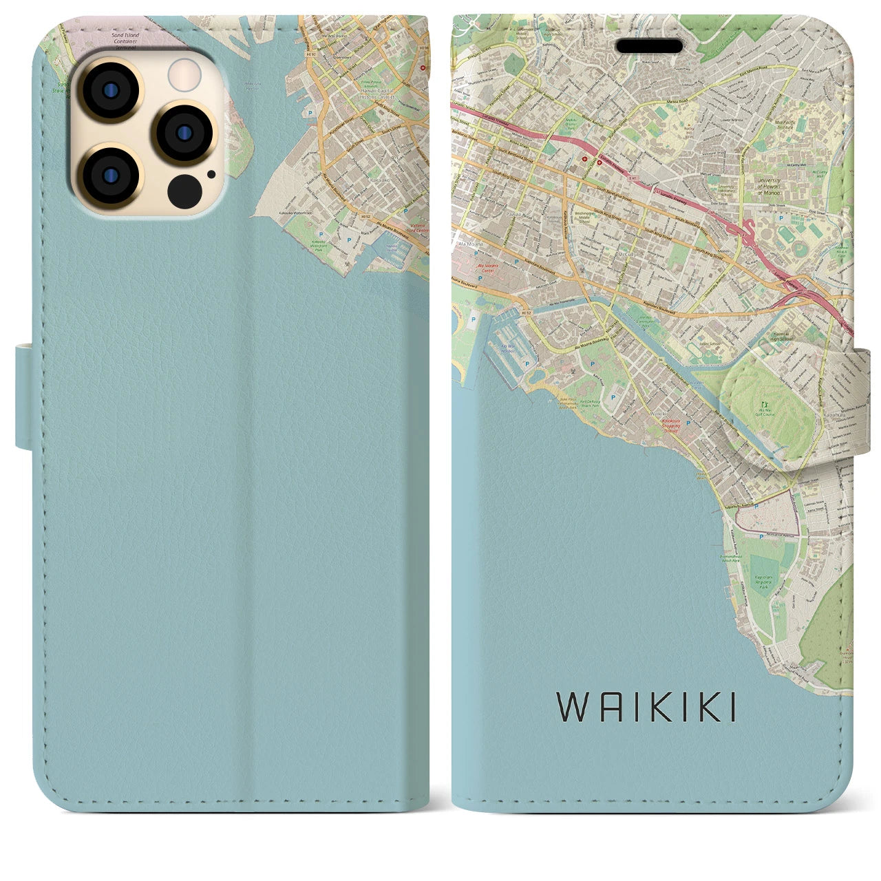 【ワイキキ(アメリカ)】地図柄iPhoneケース(手帳タイプ)ナチュラル・iPhone 12 Pro Max 用