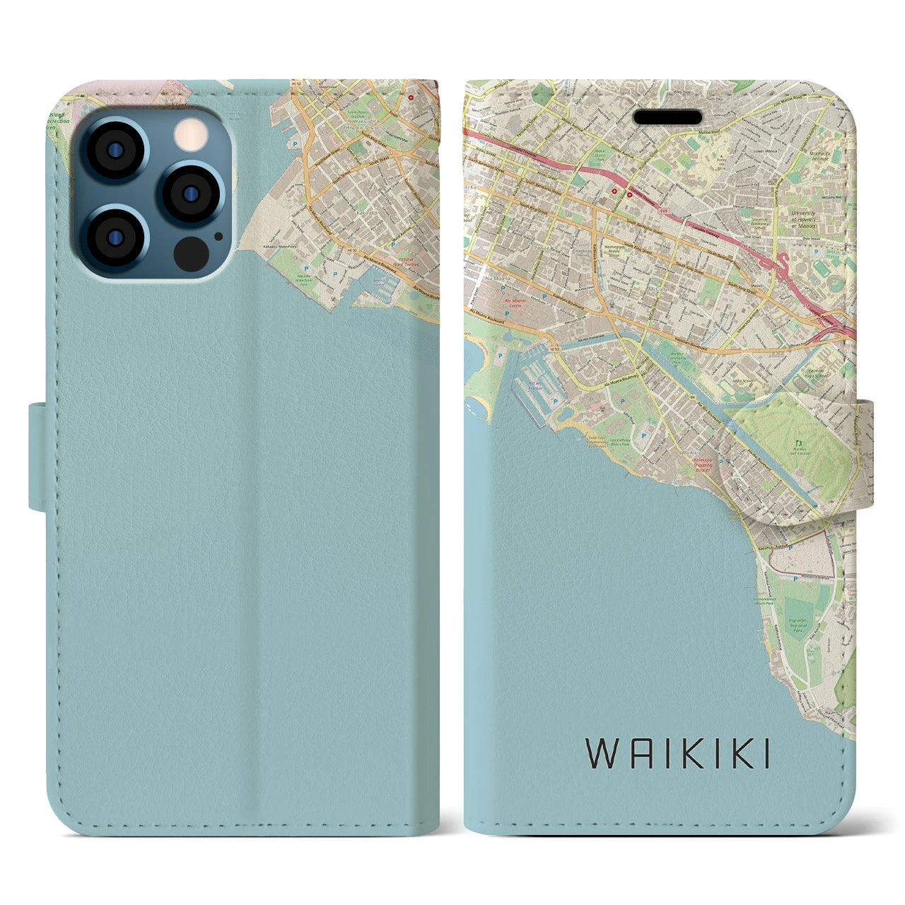 【ワイキキ(アメリカ)】地図柄iPhoneケース(手帳タイプ)ナチュラル・iPhone 12 / 12 Pro 用