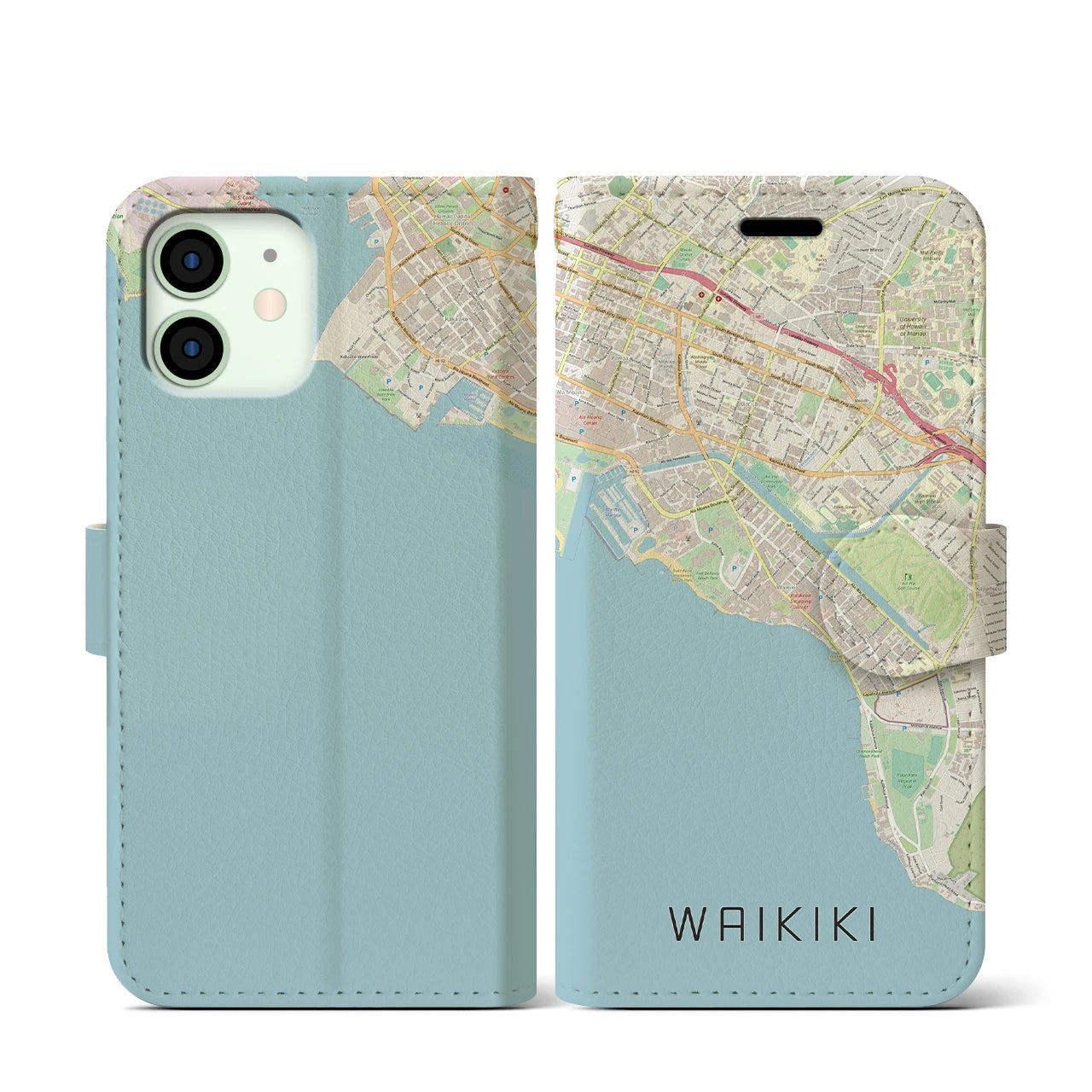 【ワイキキ(アメリカ)】地図柄iPhoneケース(手帳タイプ)ナチュラル・iPhone 12 mini 用