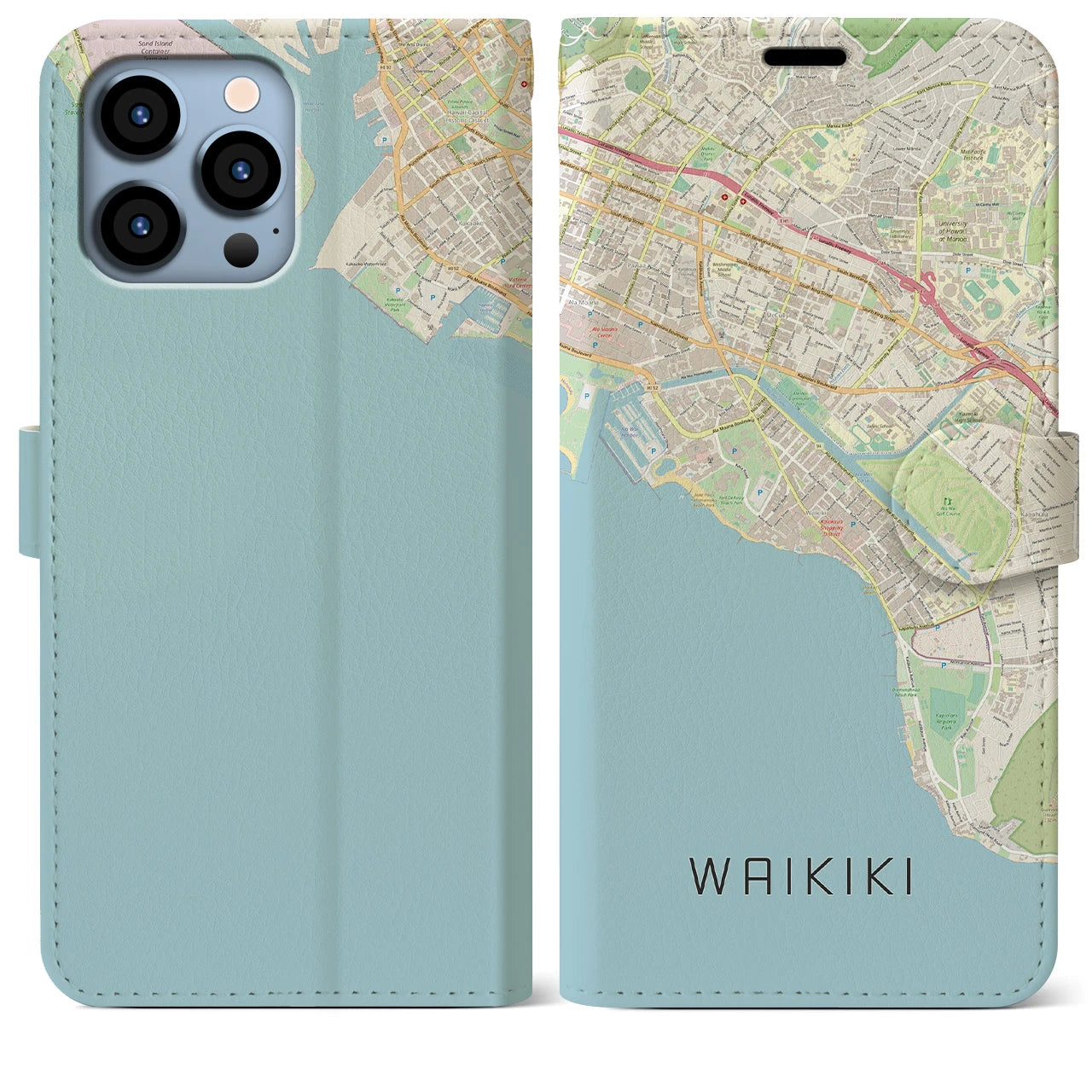 【ワイキキ(アメリカ)】地図柄iPhoneケース(手帳タイプ)ナチュラル・iPhone 13 Pro Max 用