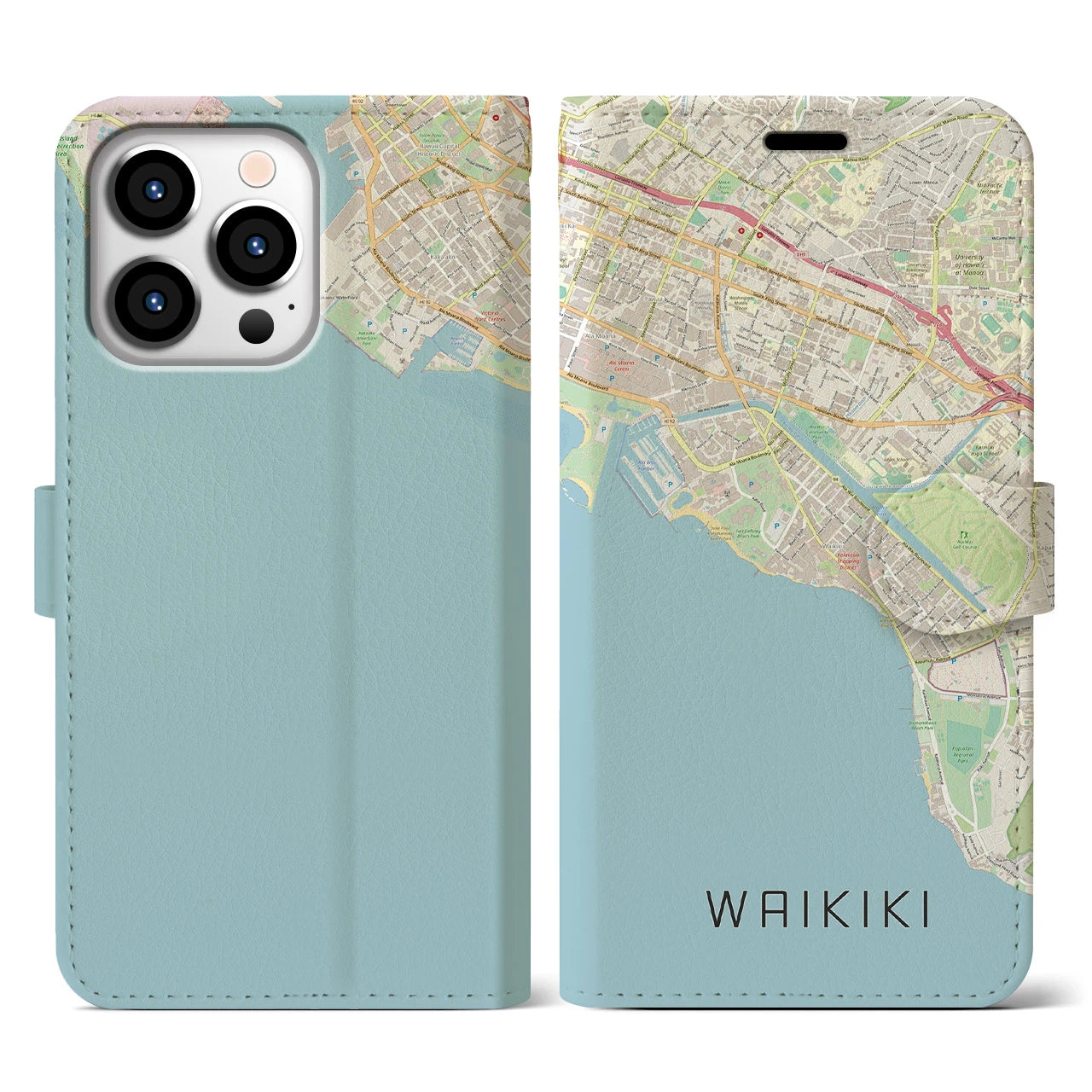【ワイキキ(アメリカ)】地図柄iPhoneケース(手帳タイプ)ナチュラル・iPhone 13 Pro 用