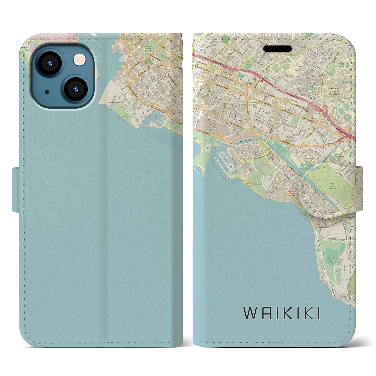 【ワイキキ(アメリカ)】地図柄iPhoneケース(手帳タイプ)ナチュラル・iPhone 13 用