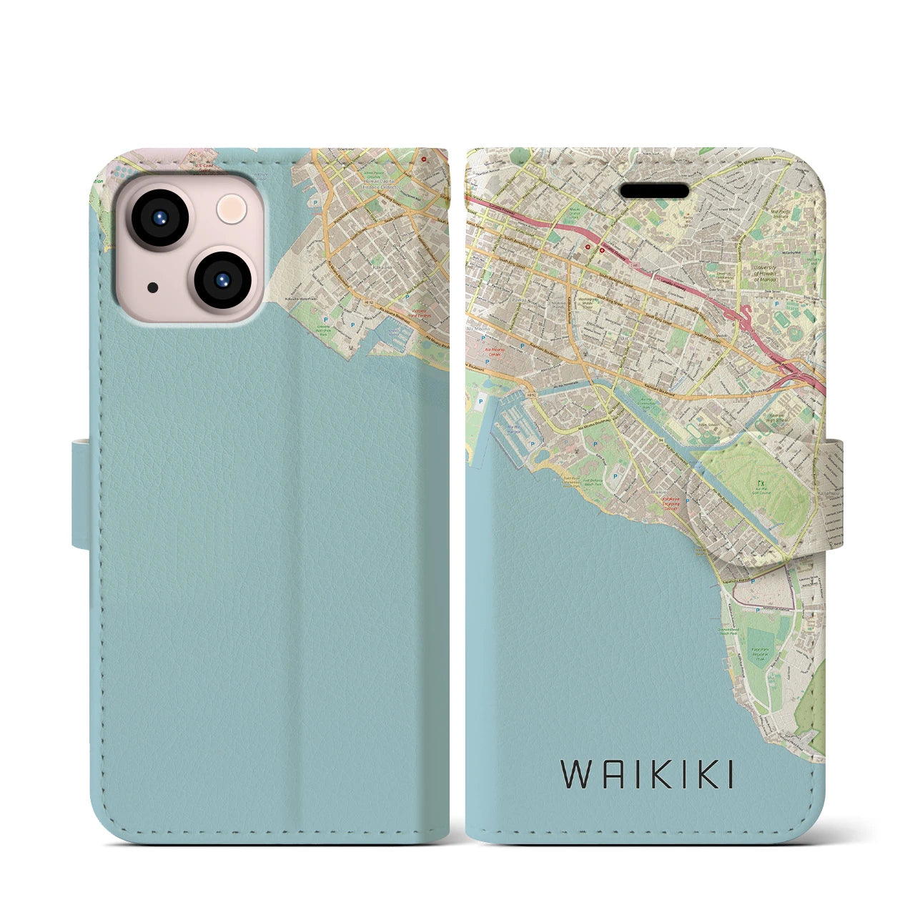 【ワイキキ(アメリカ)】地図柄iPhoneケース(手帳タイプ)ナチュラル・iPhone 13 mini 用