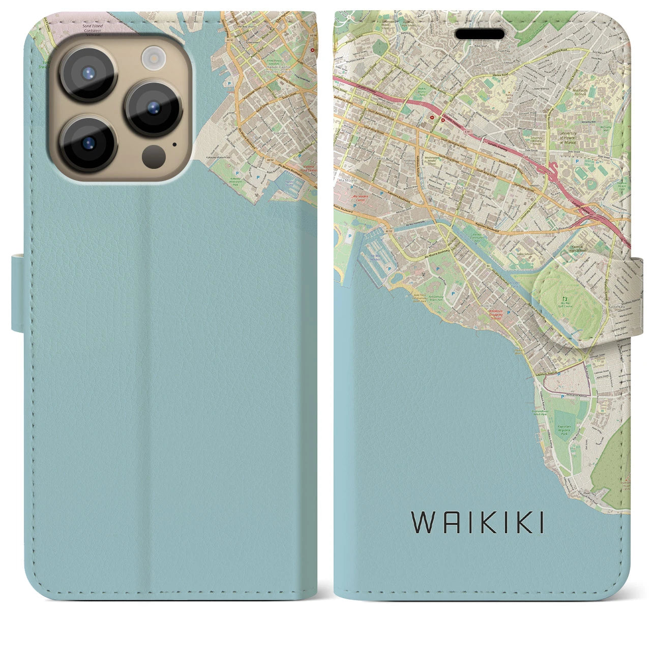 【ワイキキ(アメリカ)】地図柄iPhoneケース(手帳タイプ)ナチュラル・iPhone 14 Pro Max 用