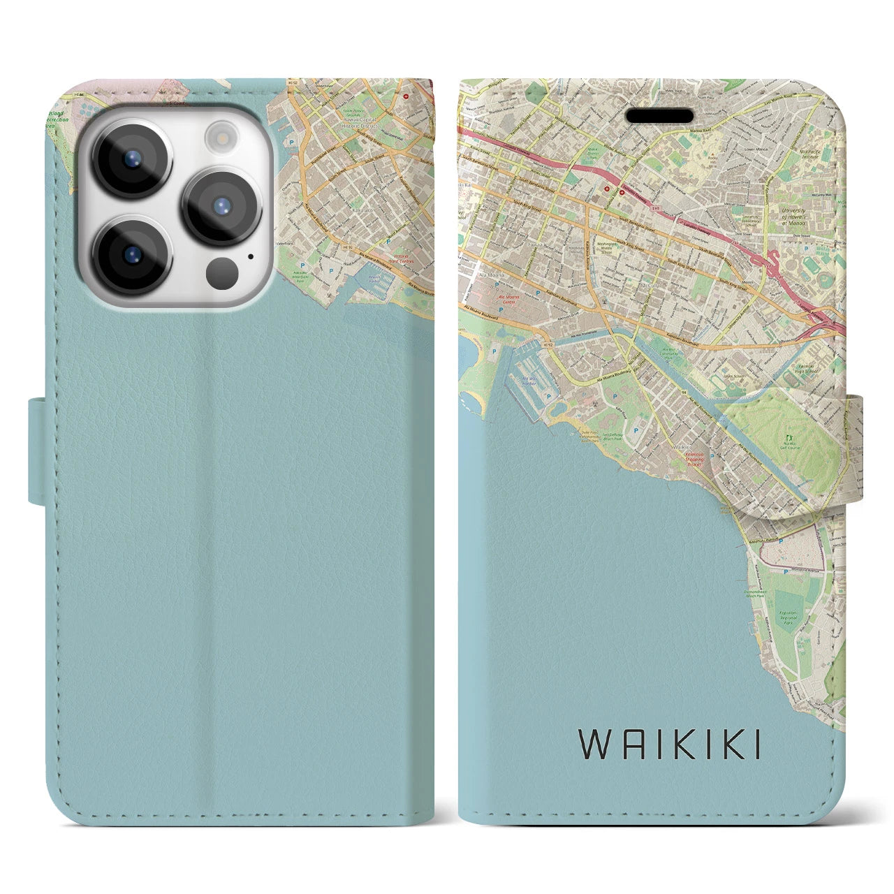 【ワイキキ(アメリカ)】地図柄iPhoneケース(手帳タイプ)ナチュラル・iPhone 14 Pro 用