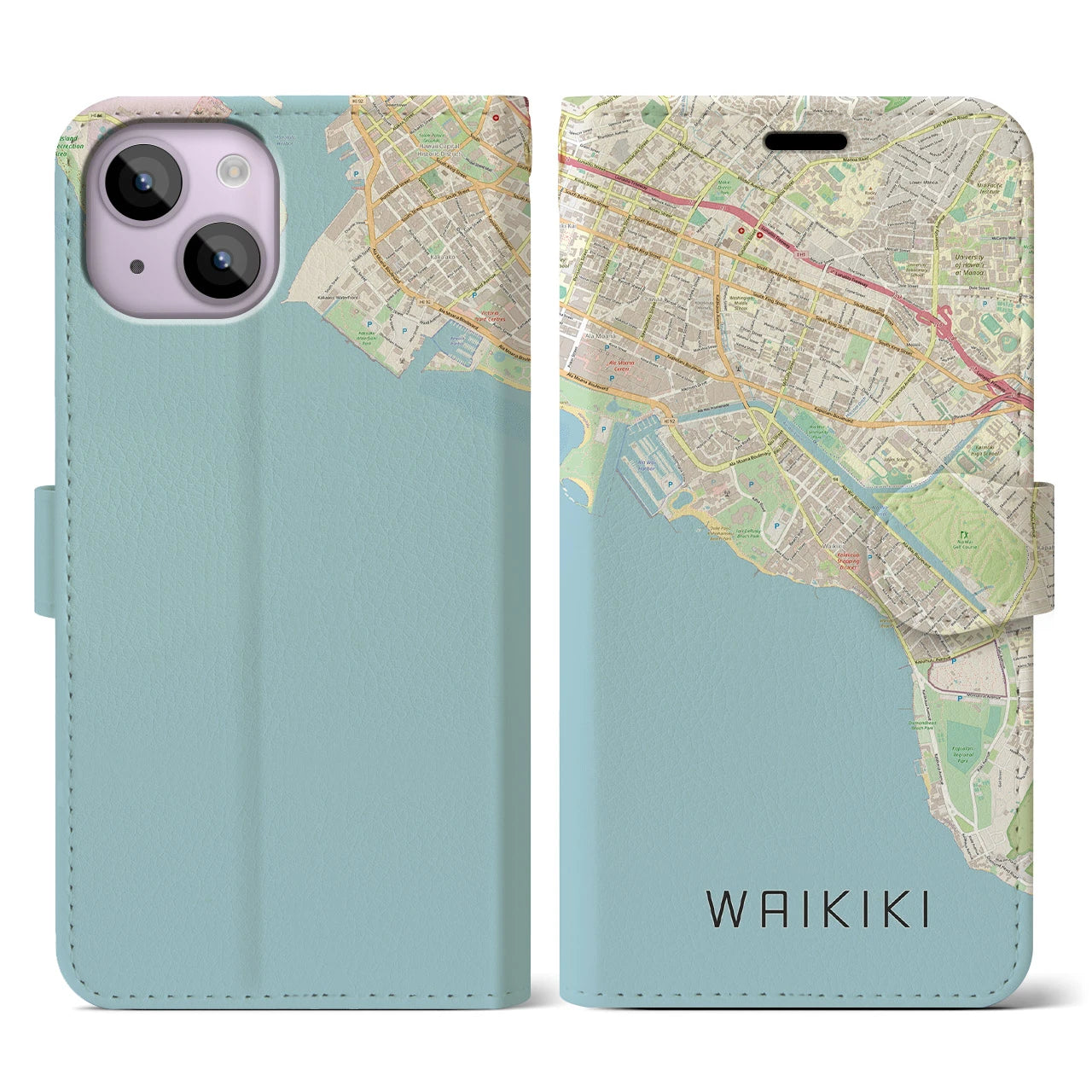 【ワイキキ(アメリカ)】地図柄iPhoneケース(手帳タイプ)ナチュラル・iPhone 14 用