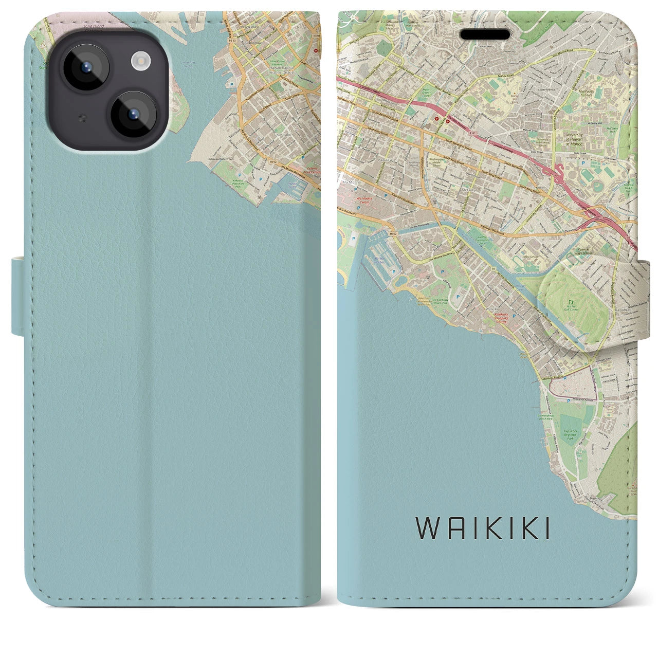 【ワイキキ(アメリカ)】地図柄iPhoneケース(手帳タイプ)ナチュラル・iPhone 14 Plus 用
