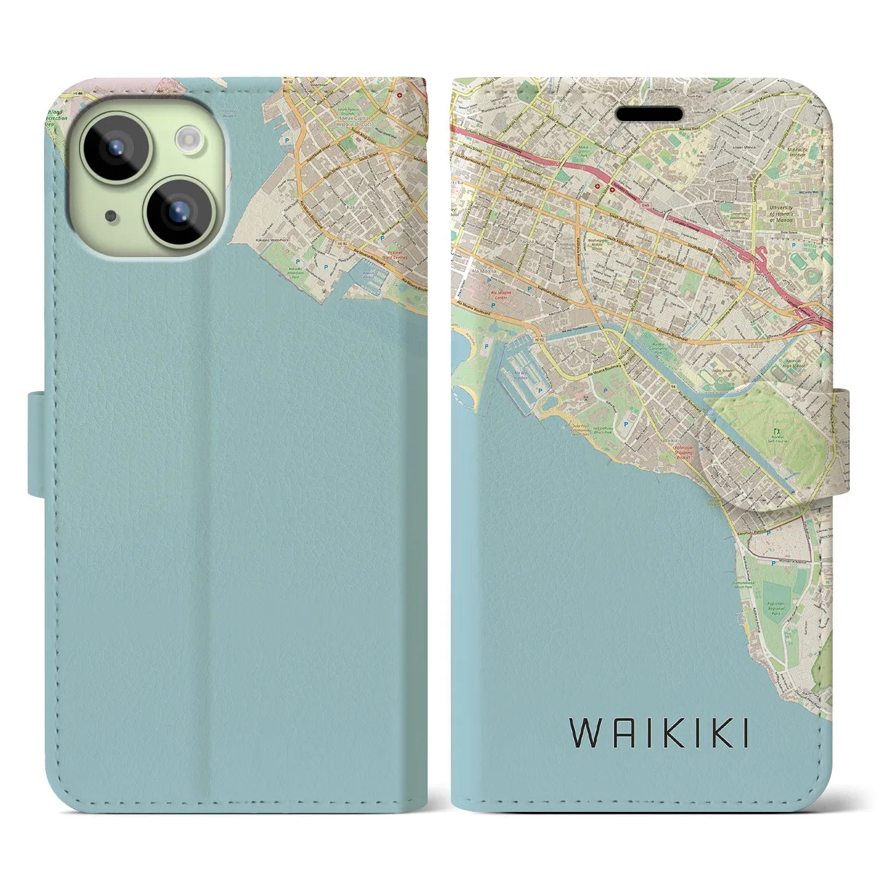 【ワイキキ(アメリカ)】地図柄iPhoneケース(手帳タイプ)ナチュラル・iPhone 15 用