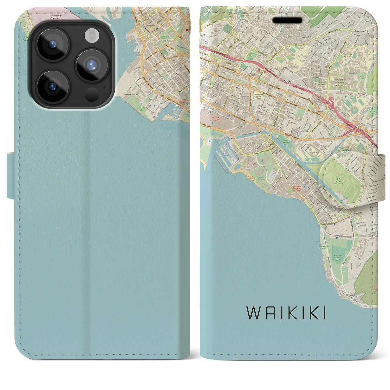 【ワイキキ(アメリカ)】地図柄iPhoneケース(手帳タイプ)ナチュラル・iPhone 15 Pro Max 用