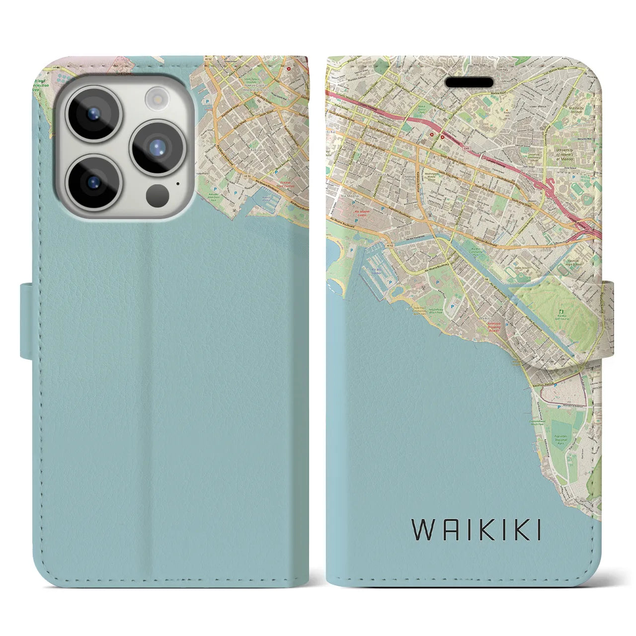 【ワイキキ(アメリカ)】地図柄iPhoneケース(手帳タイプ)ナチュラル・iPhone 15 Pro 用