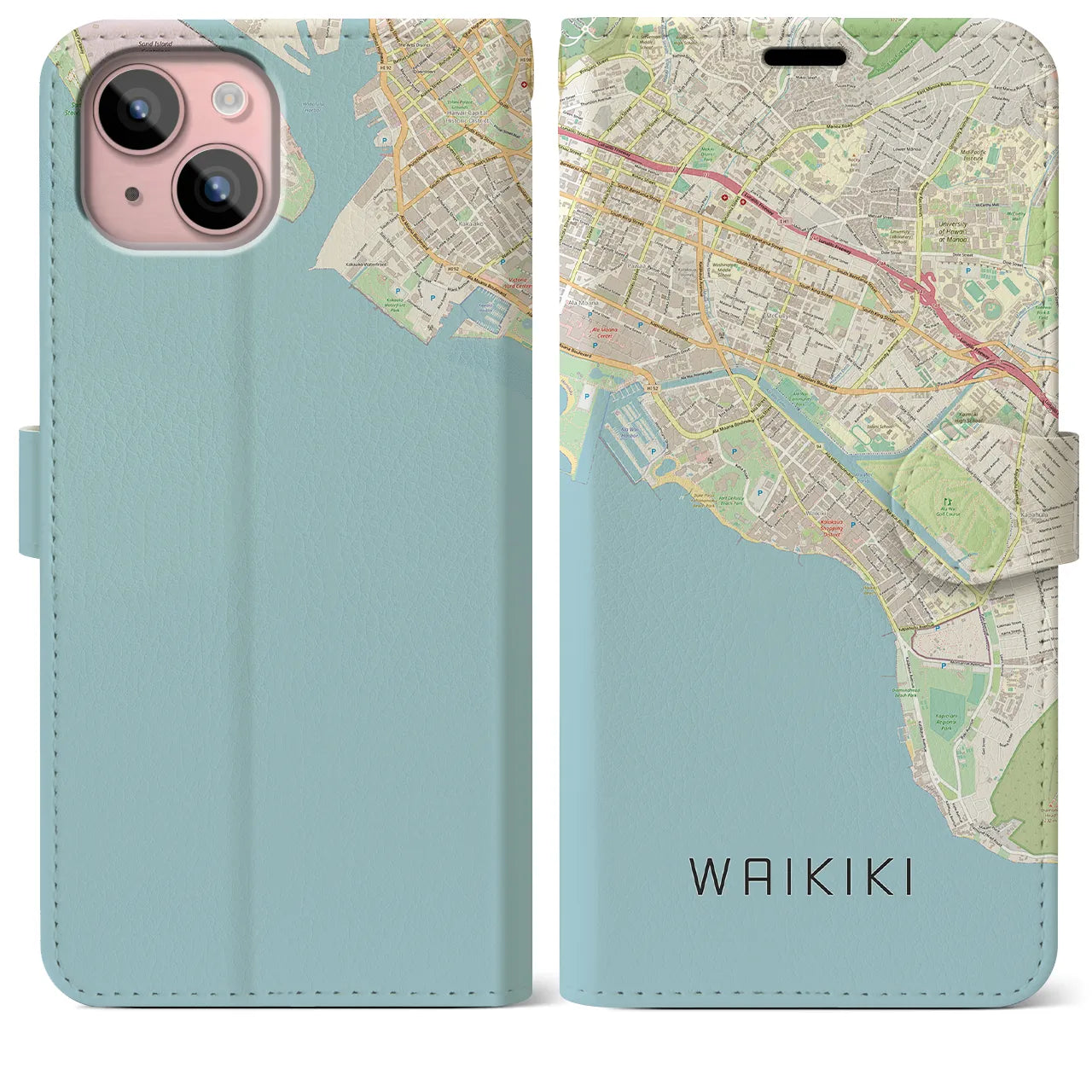 【ワイキキ(アメリカ)】地図柄iPhoneケース(手帳タイプ)ナチュラル・iPhone 15 Plus 用
